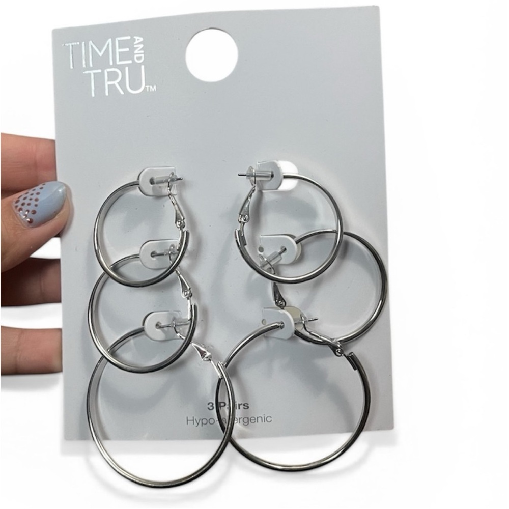 Time and Tru Silver Hoop Earrings Trio